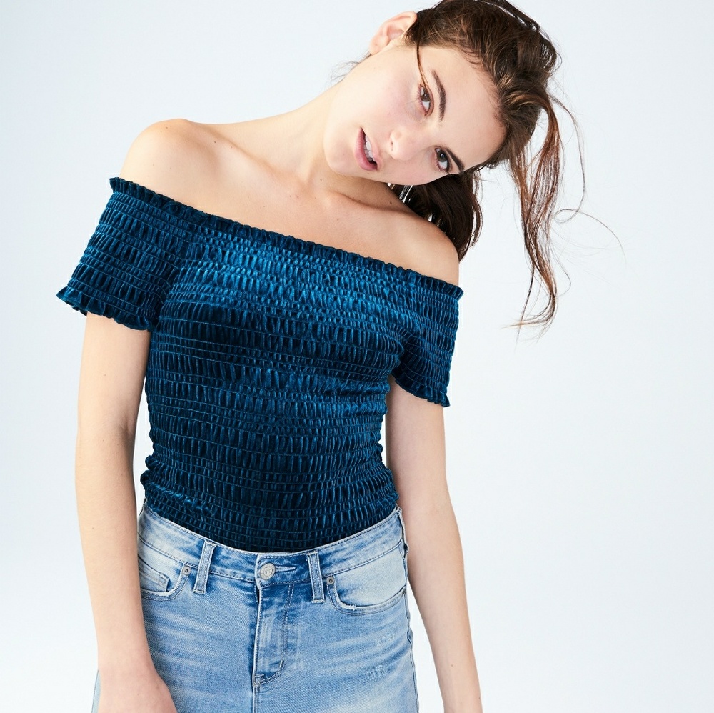 Aeropostale teal velvet ribbed off the shoulder